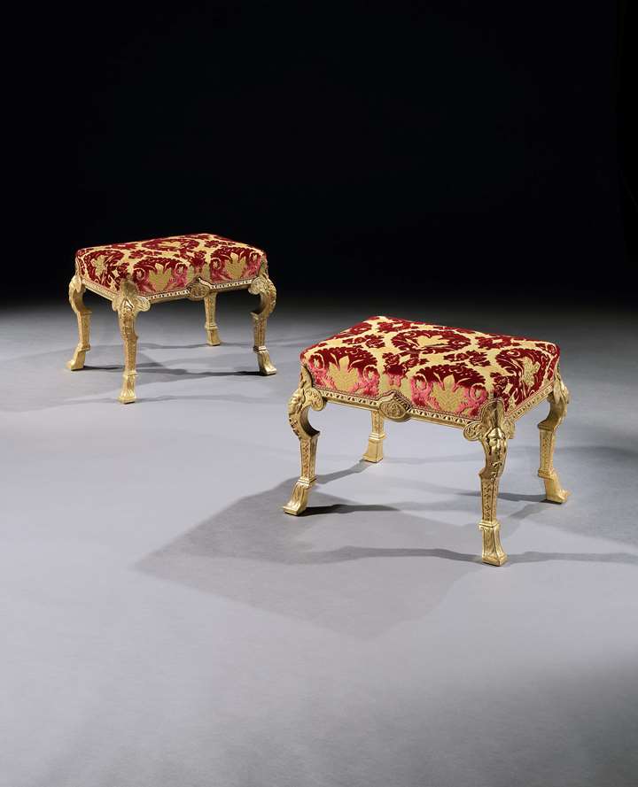 A PAIR OF GEORGE I GESSO STOOLS ATTRIBUTED TO JAMES MOORE
